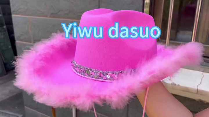 Wholesale Female Pink Fur Trimmed Bling Cowboy Hats display picture 1