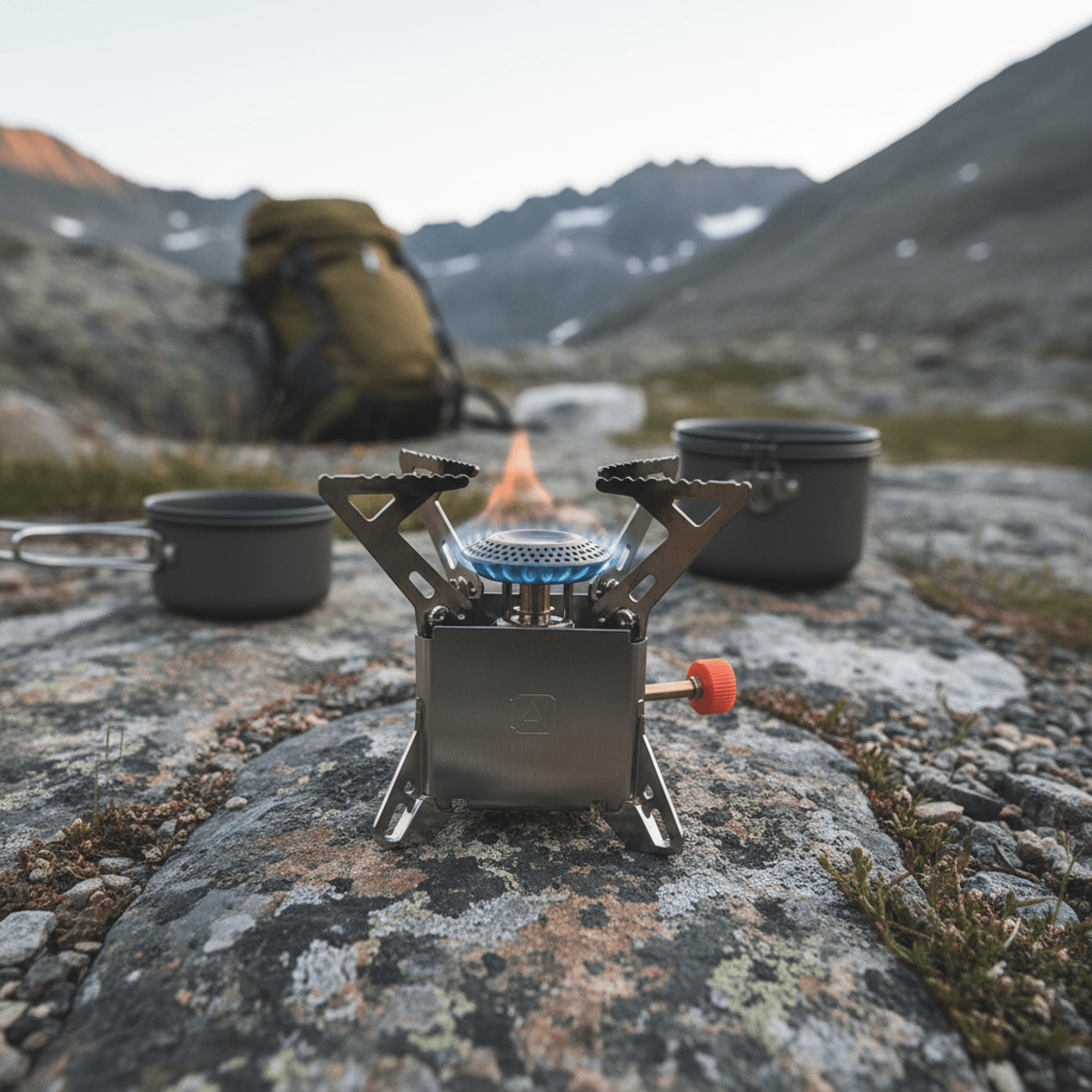 Ultra-light movable gas stove deployed on rocky terrain with alpine peaks.