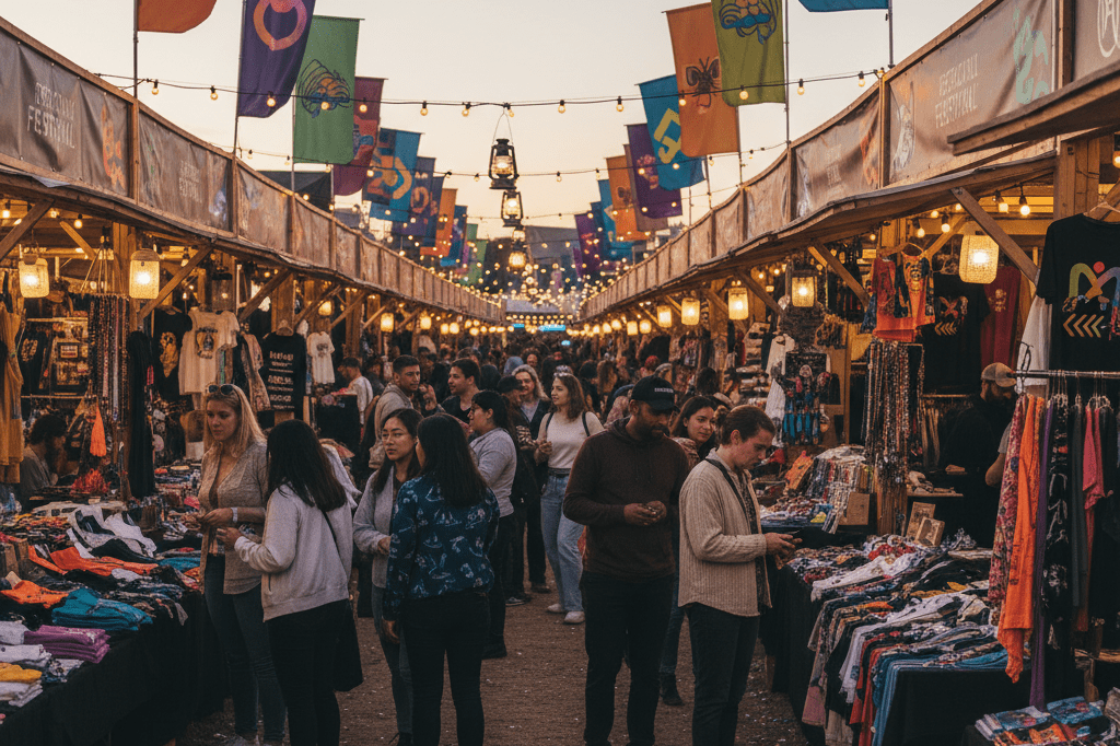 Vibrant festival merchandise booths under warm evening lights Outdoor festival merchandise area with colorful displays and attendees browsing under soft ambient lighting