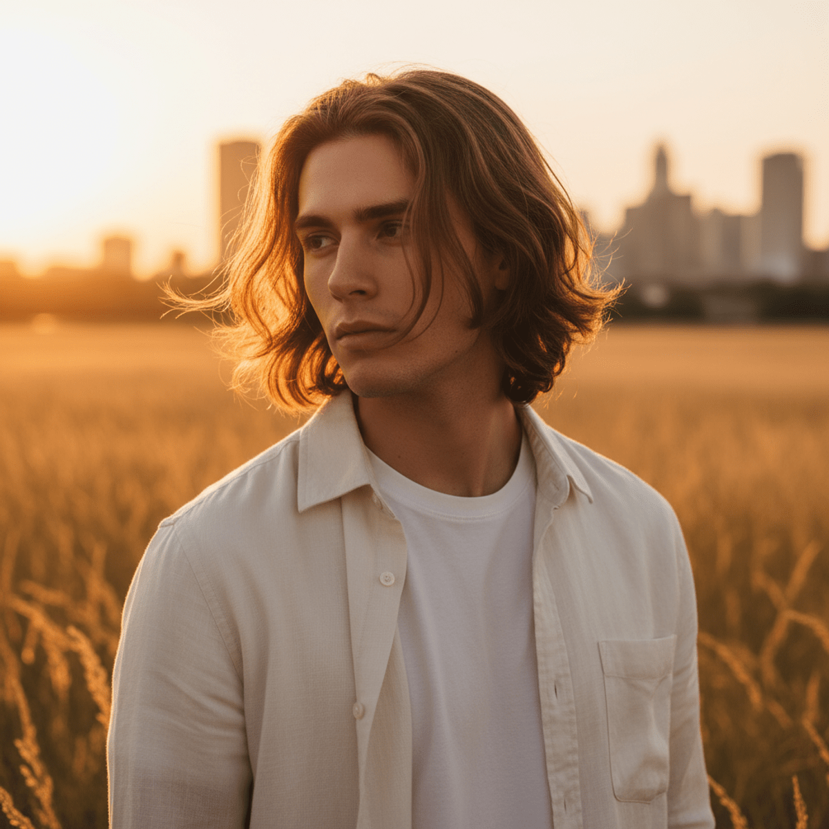 Man with relaxed mid-length wavy hair at golden hour Young man with collarbone-length wavy hair in golden hour light.