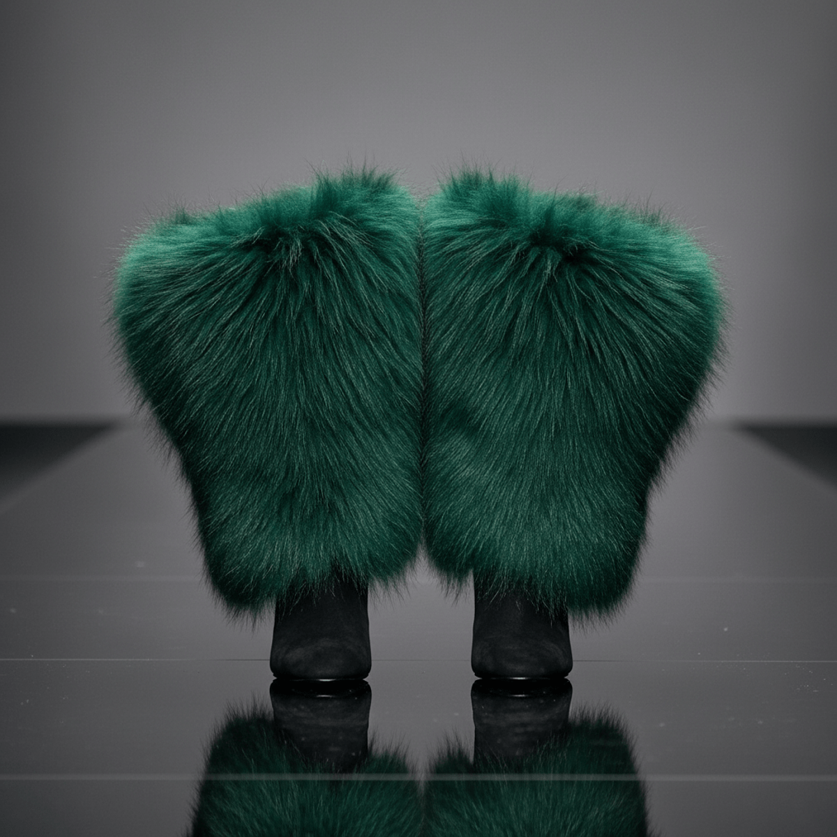 Oversized emerald fur boots on a reflective runway Luxurious emerald green faux fur boots with sleek black suede on a reflective runway.