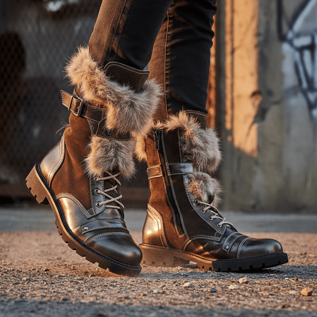 Artistically deconstructed combat boots with mixed materials and textures. Deconstructed combat boots feature uneven fur trim, raw stitching, and matte suede with patent leather.