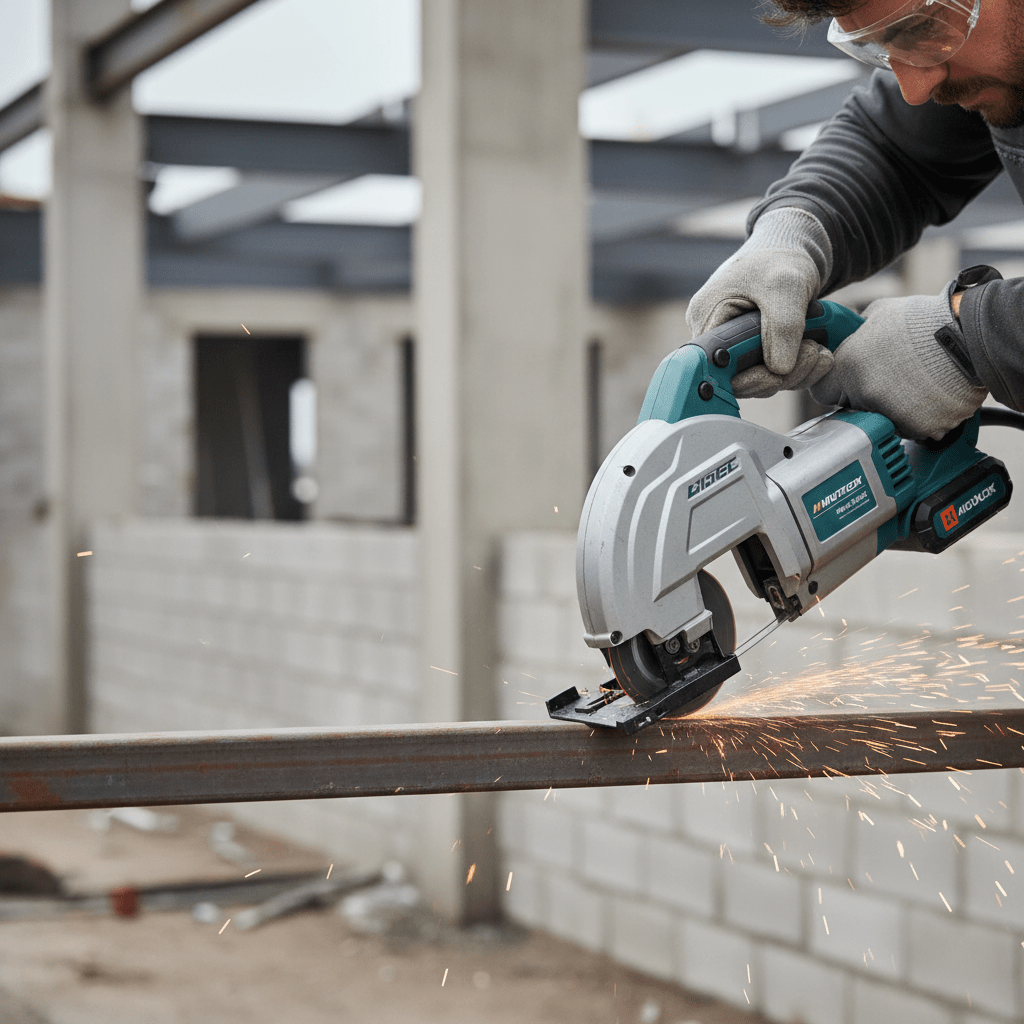 Modern cordless band saw precisely cuts angle iron with sparks flying.