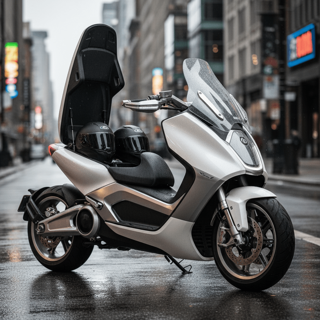 Pearl white futuristic crossover scooter-motorcycle with titanium accents on wet urban street.