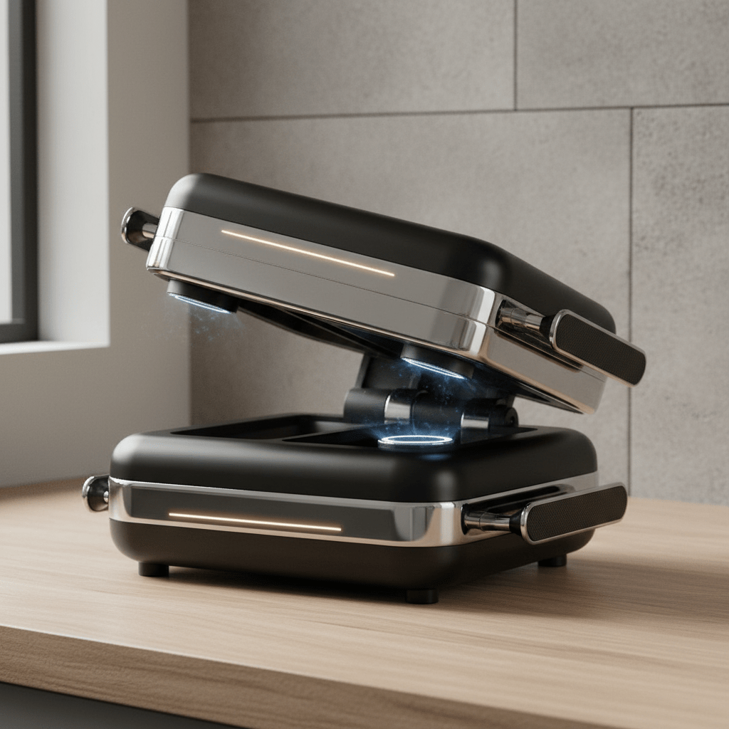 Compact sandwich toaster transforming from cooking to storage with magnetic clips.