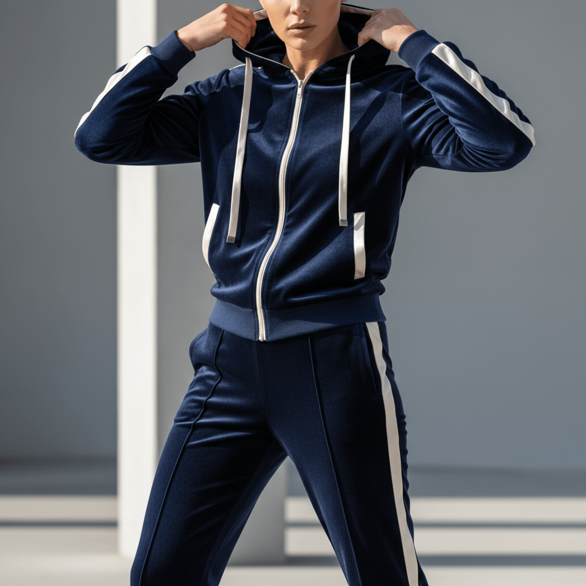 Navy velvet tracksuit with cream silk piping, showcasing sport-luxe fashion.