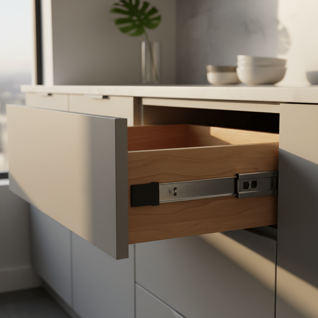 Modern kitchen drawer hardware with polished metal runners and soft-close dampers.