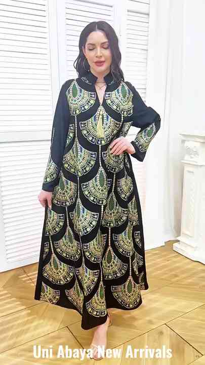 chinese dress ladies Women Ramadan Dress 3/4 Sleeves V-Neck Loose Long Dress Print Arab Rob –  Fabulive main image 0
