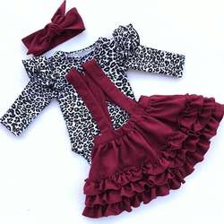 3PCS Bonito Do Bebê Menina Roupas Primavera Outono Criança Flutter Sleeve Leopardo Romper + Babados Suspender Vestido + Headband Outfits