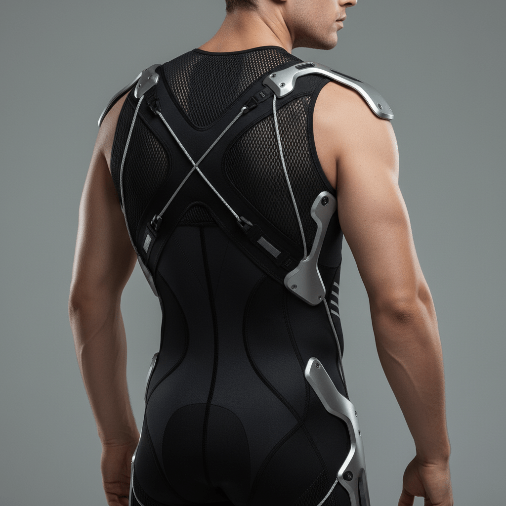 Men's body shaper with biomechanical exo-frame and reinforced power-mesh.