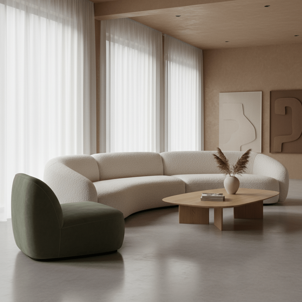 Plush cream bouclé sofa and velvet armchair in a minimalist living room with concrete floor.