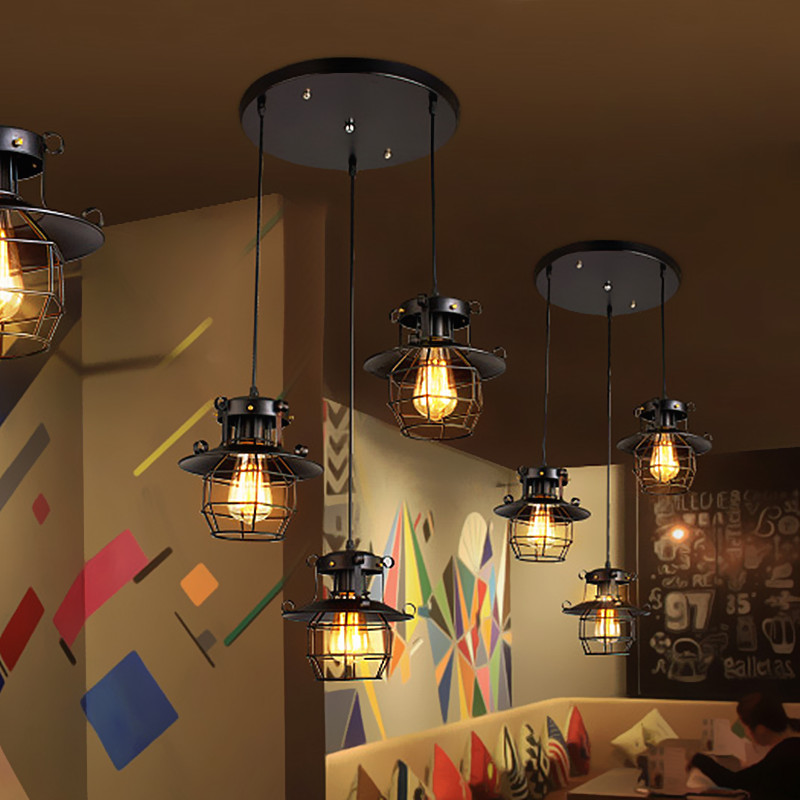 创意个性铁枝形吊灯餐厅装饰照明灯复古工业风灯笼形仿古照明