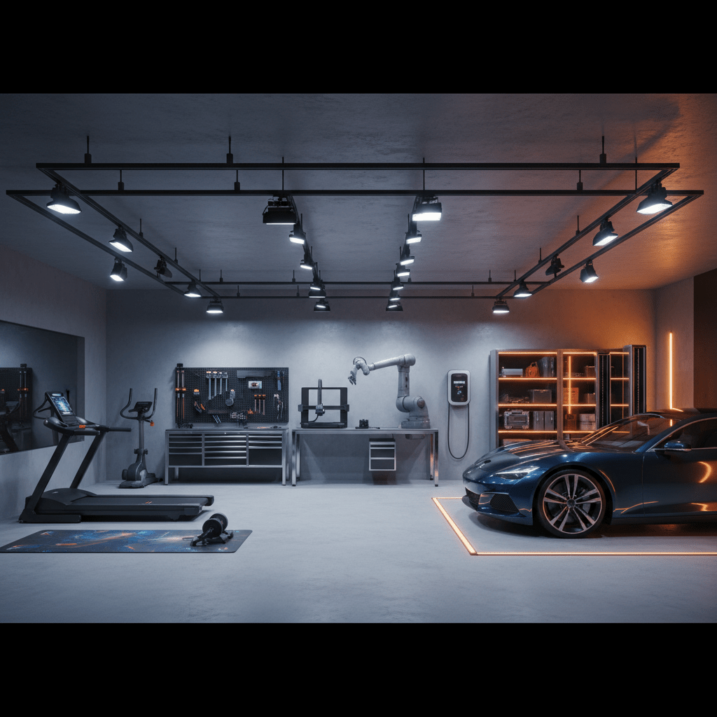 Futuristic garage with distinct lighting zones for fitness, workshop, and showroom.