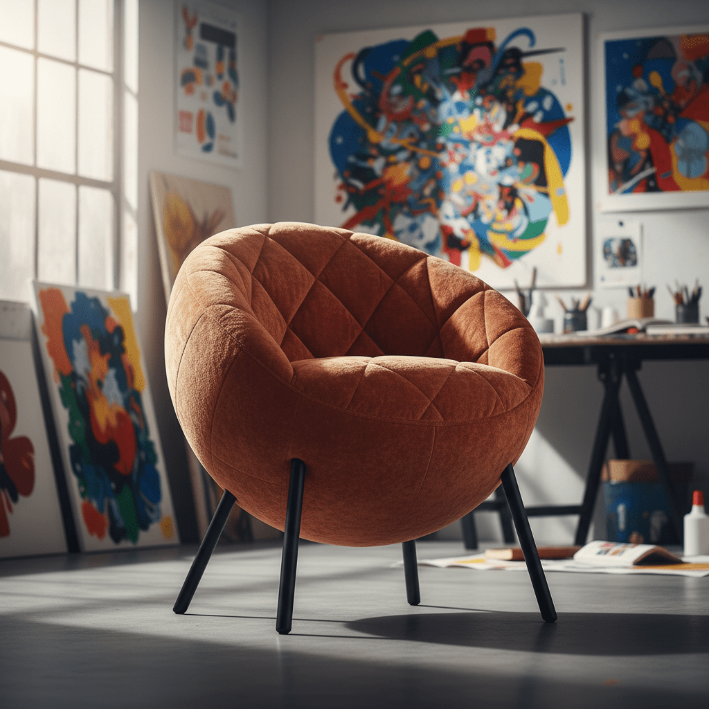 ADHD chair with concealed yoga ball, deep terracotta velvet, and steel base in studio.