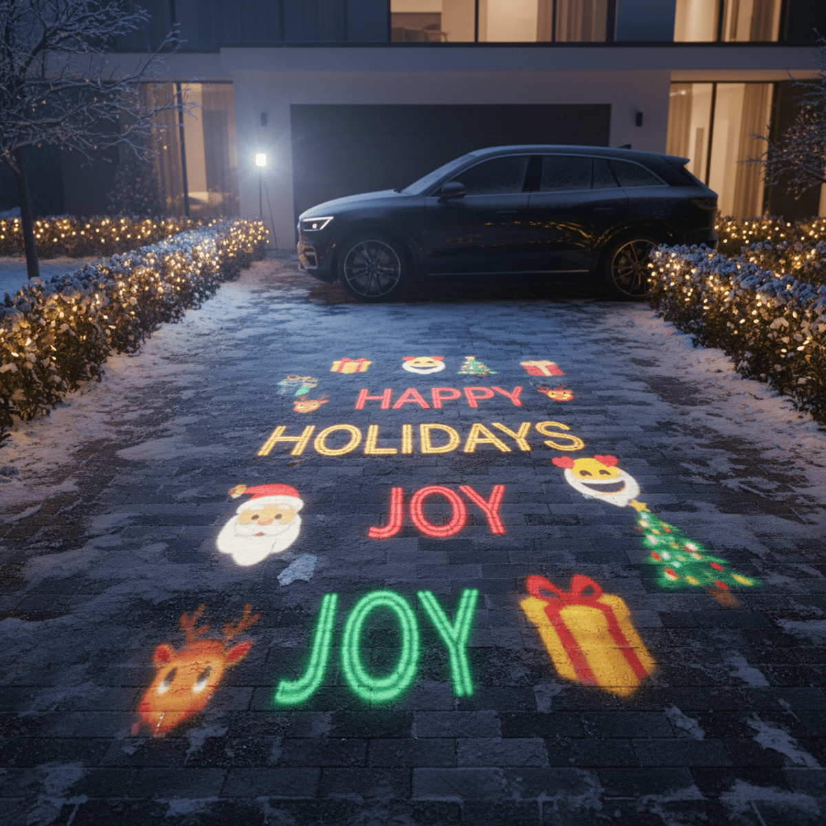Modern driveway at night with glowing holiday projector lights on snowy ground.
