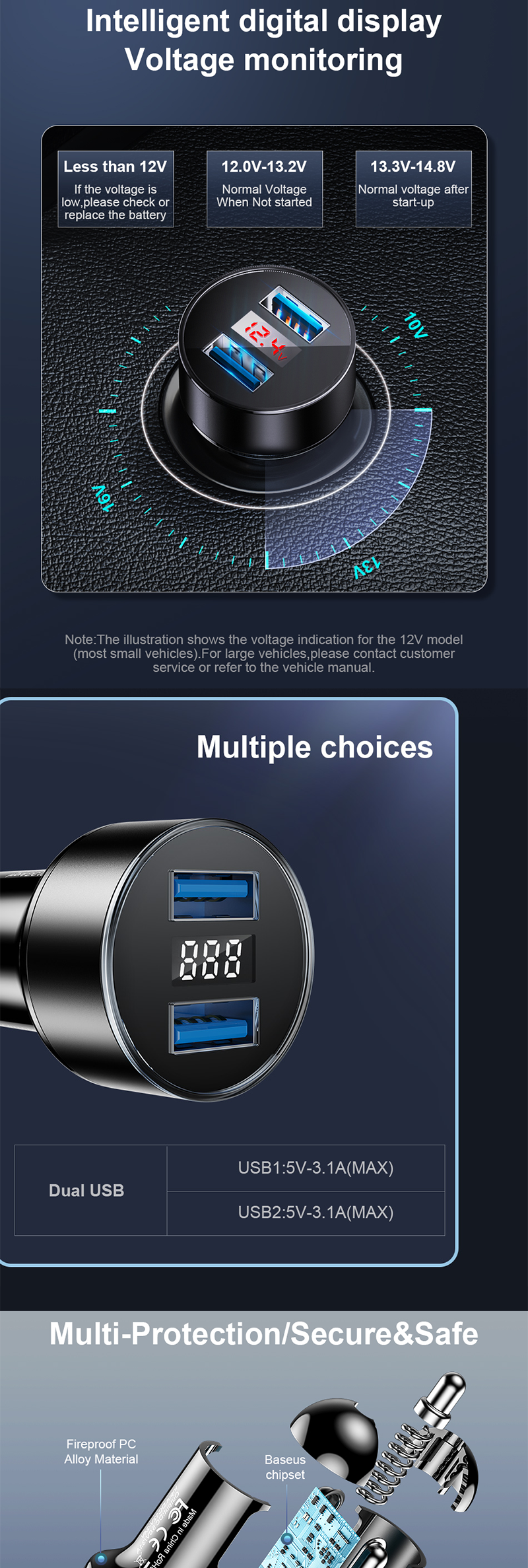 Eonline 3.1A Dual USB Car Charger With LED Display Mobile Phone Car-Charger for Xiaomi 9 Samsung S8 iPhone 11 6 6s 7 8 Plus Tabl