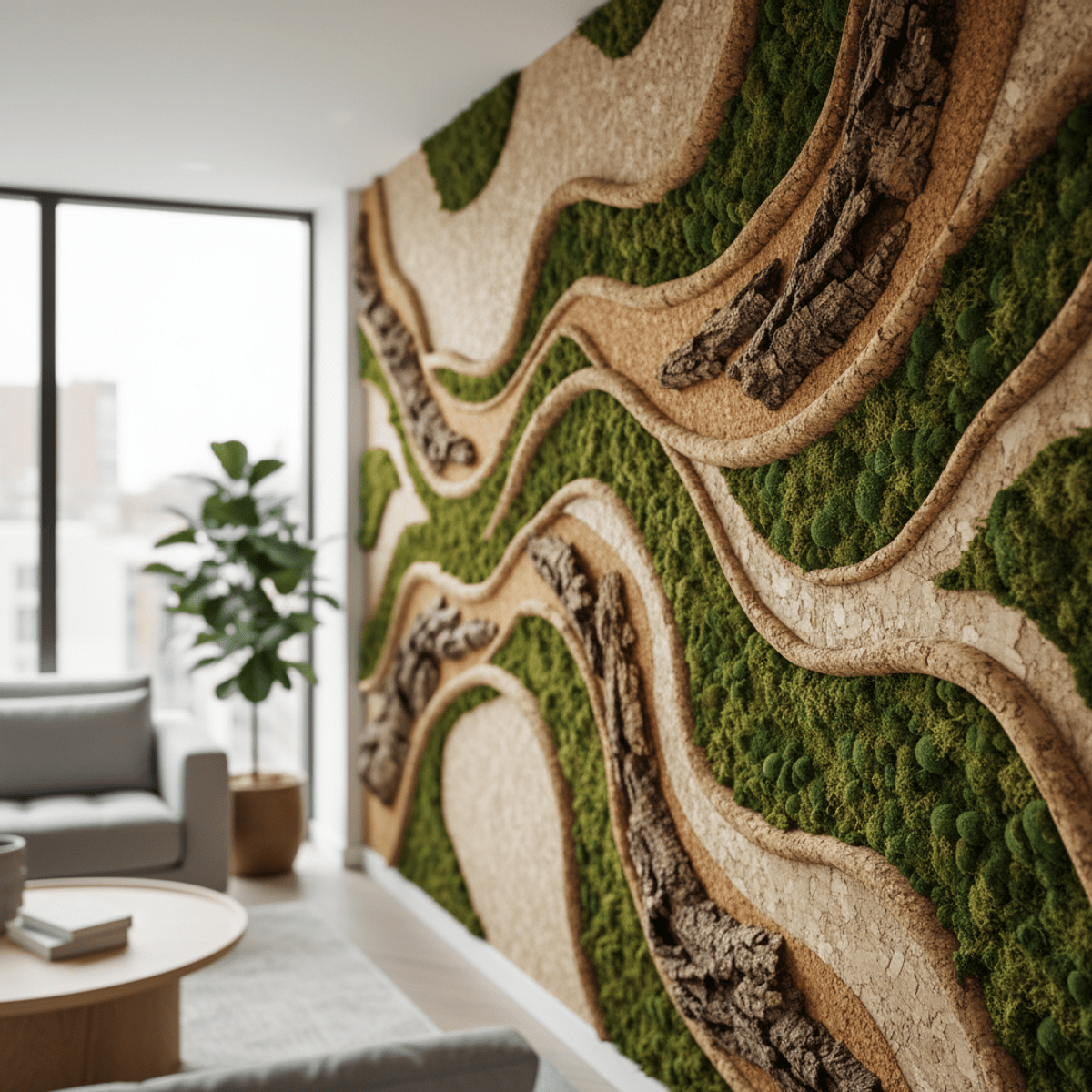 Organic wall paneling with moss, cork, and bark textures. Modern wall paneling with preserved moss, cork, and bark in organic patterns.