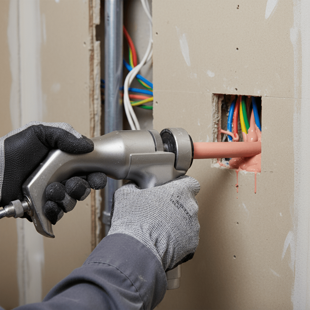 Contractor applies intumescent firestop sealant to electrical cables in a wall.