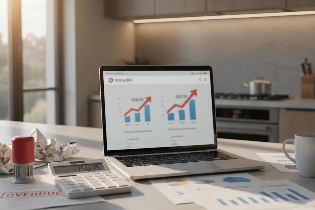 Modern kitchen setup featuring utility bill, calculator, and papers under natural light, highlighting consumer struggles with rising electricity costs