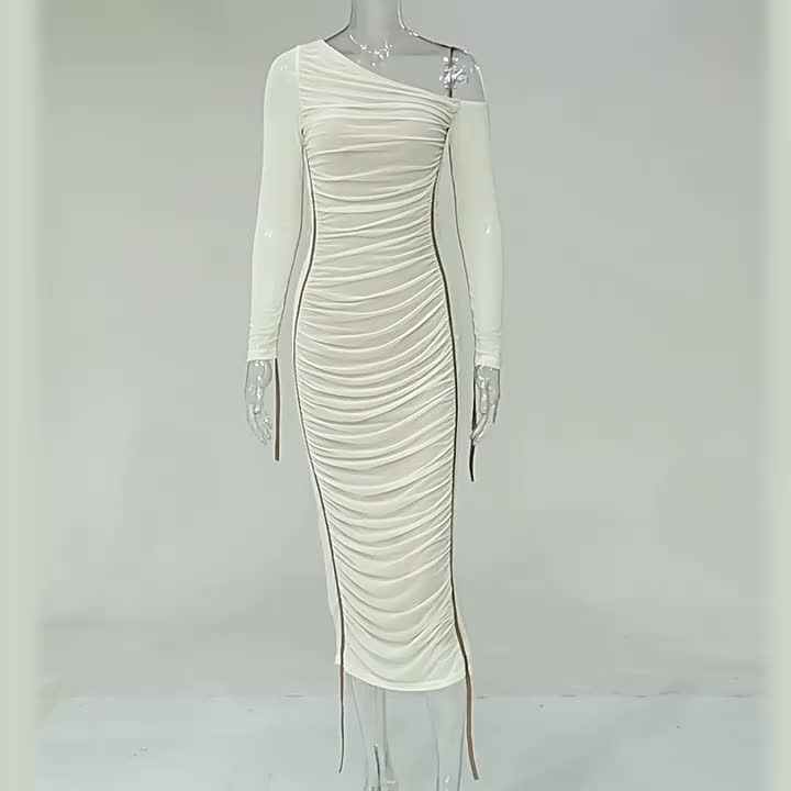 Fashion Long Sleeve Dress Women Design Lady Oblique Shoulder Dress Bodycon  Midi Dress