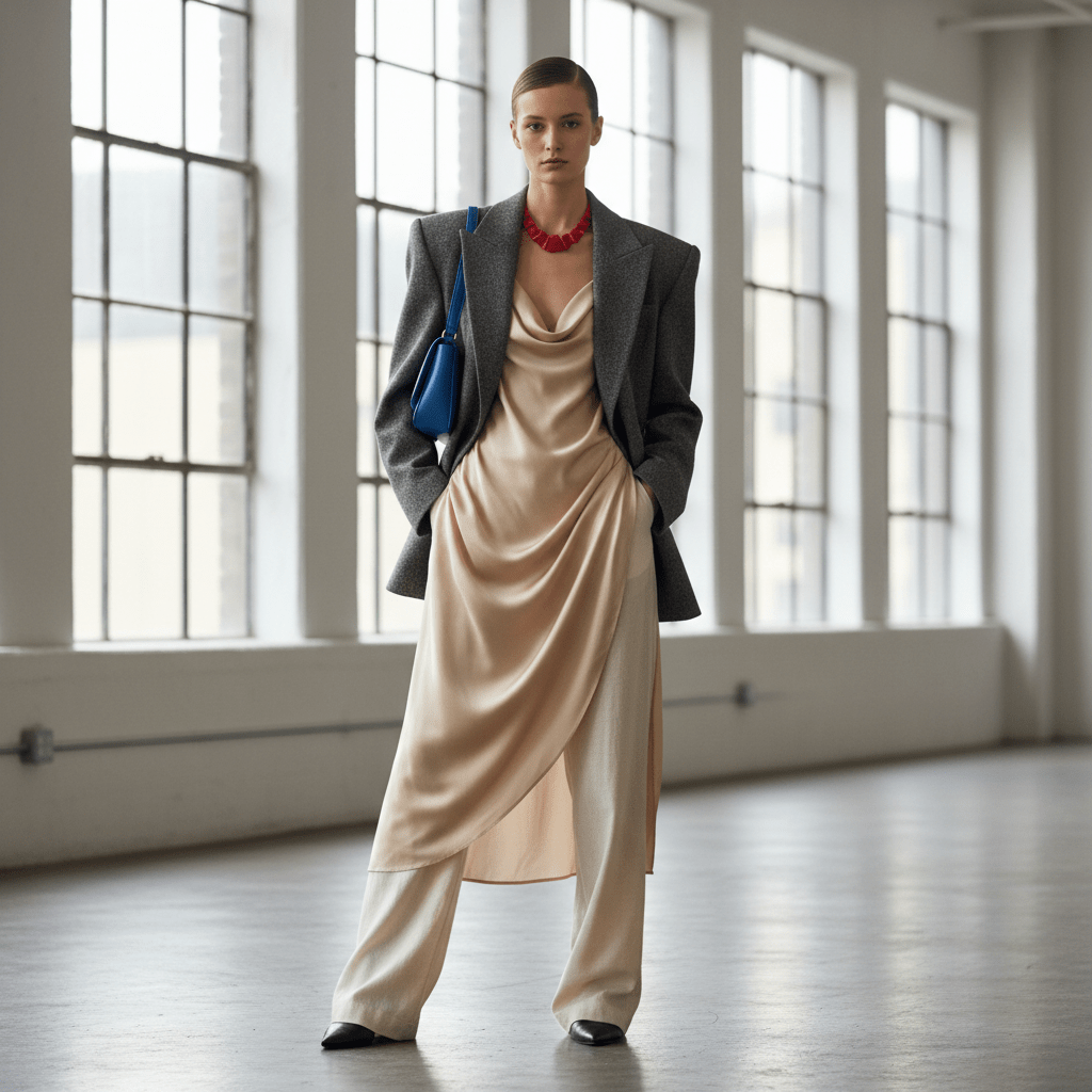 Model in 80s inspired blazer over silk dress and trousers in urban studio.