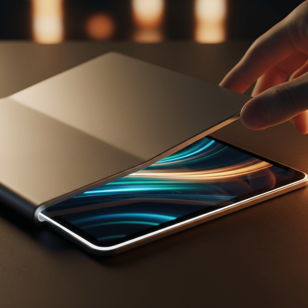 Futuristic rollable tablet unfurling from matte metal housing, glowing OLED screen.