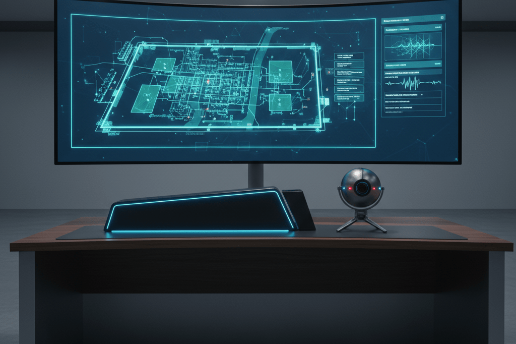 Security desk with monitors showing perimeter maps and sensors under ambient office light