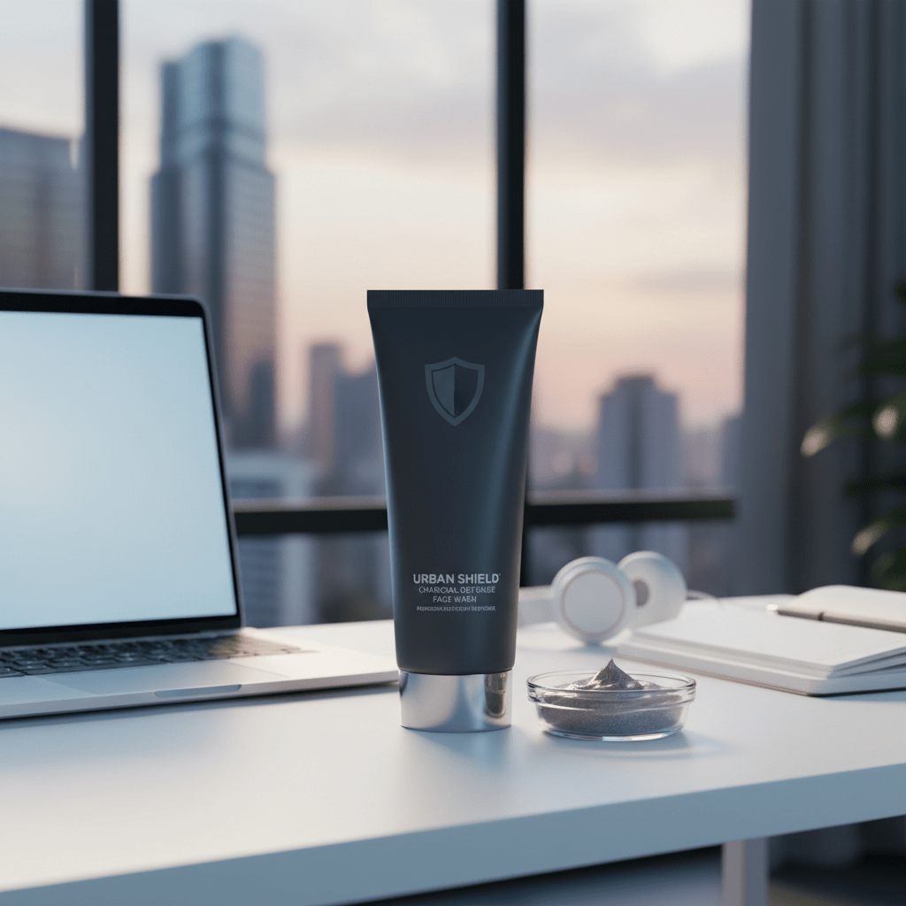 Charcoal face wash tube on a minimalist desk with laptop glow.