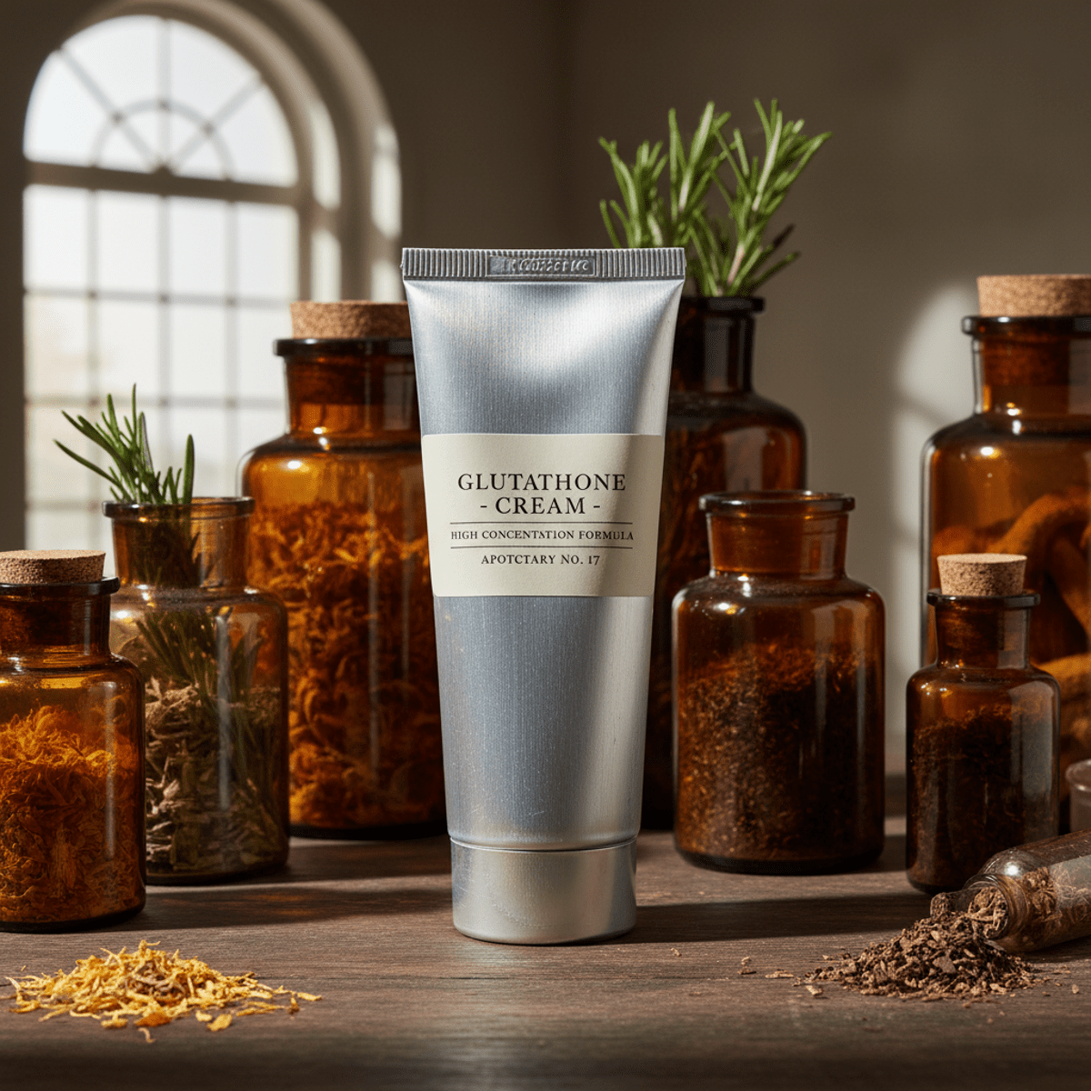 Vintage apothecary tube of high-concentration glutathione cream on wooden table.