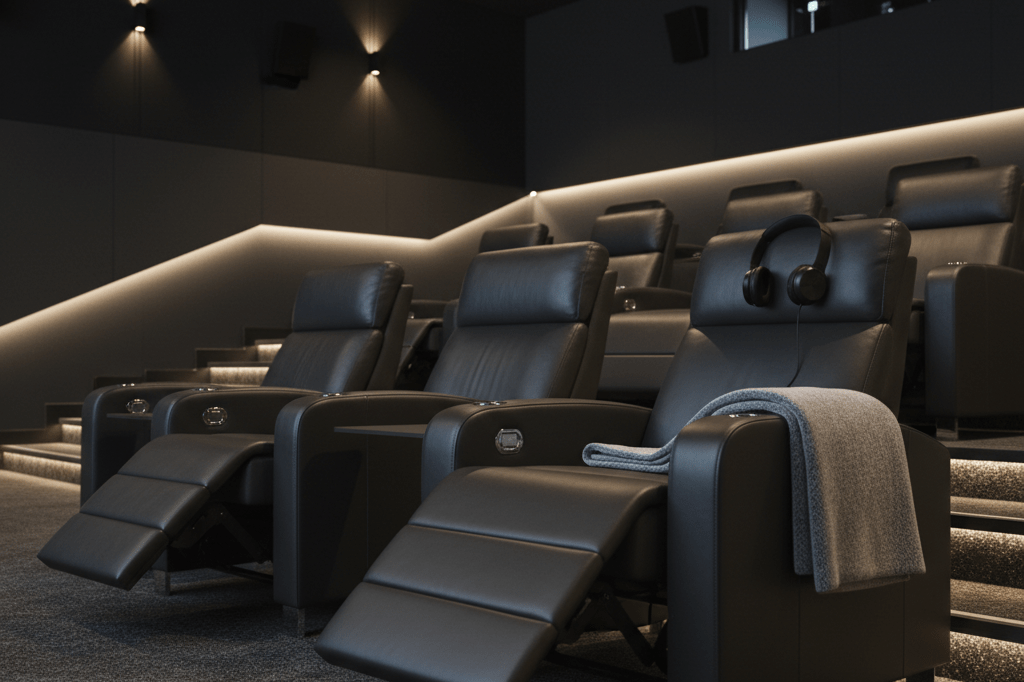 Medium shot of high-end reclining cinema seats in a softly lit auditorium with no people or branding visible
