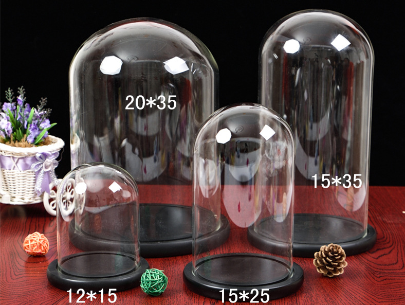 Factory Wholesale Custom Large Bell Glass Cloche Clear Glass Dome house With Wood Base for flower preserved