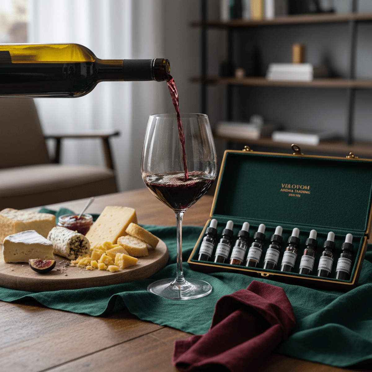 Close-up of ruby wine being poured into a crystal glass next to an aroma kit.