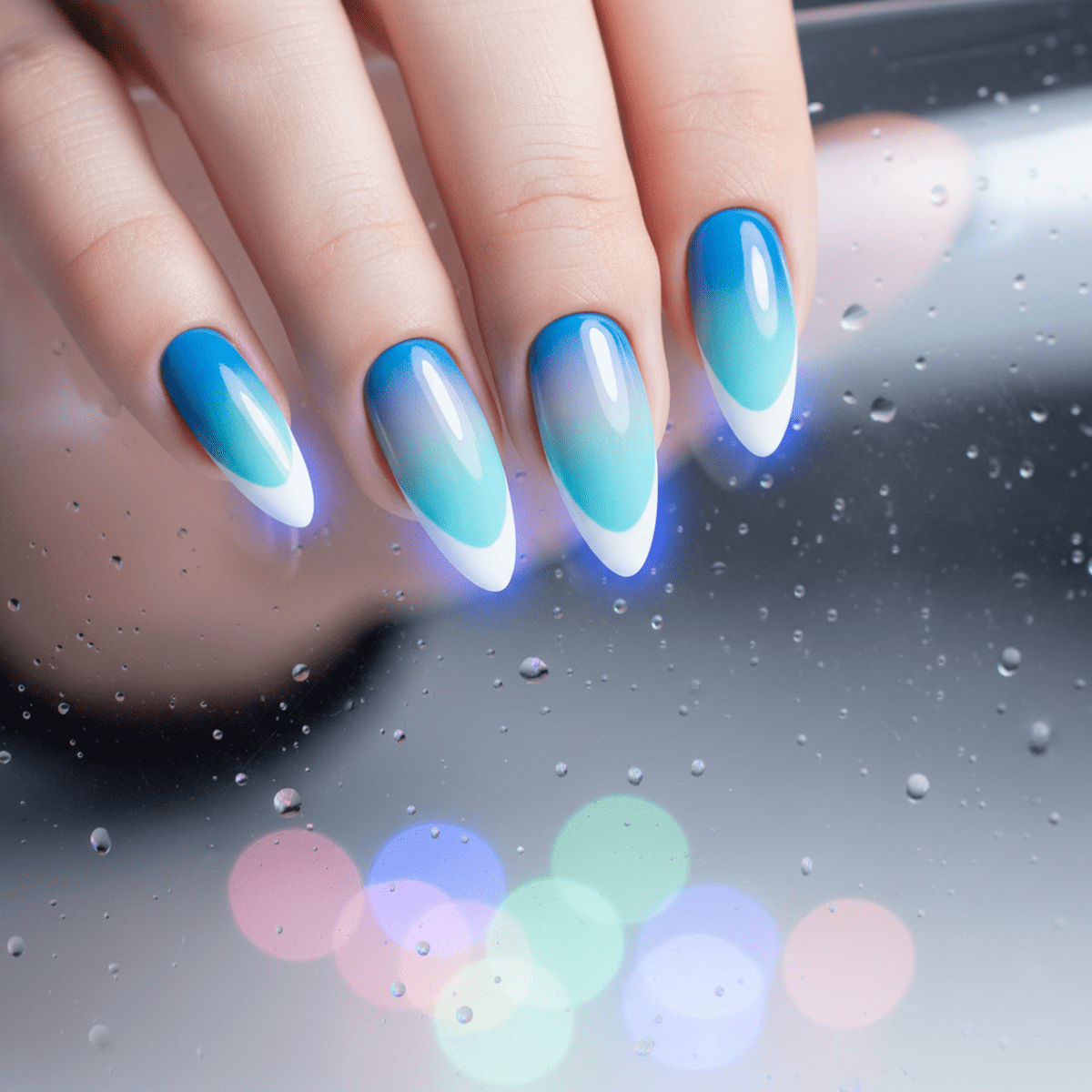 Close-up of futuristic blue French nails with white tips and ethereal glow.