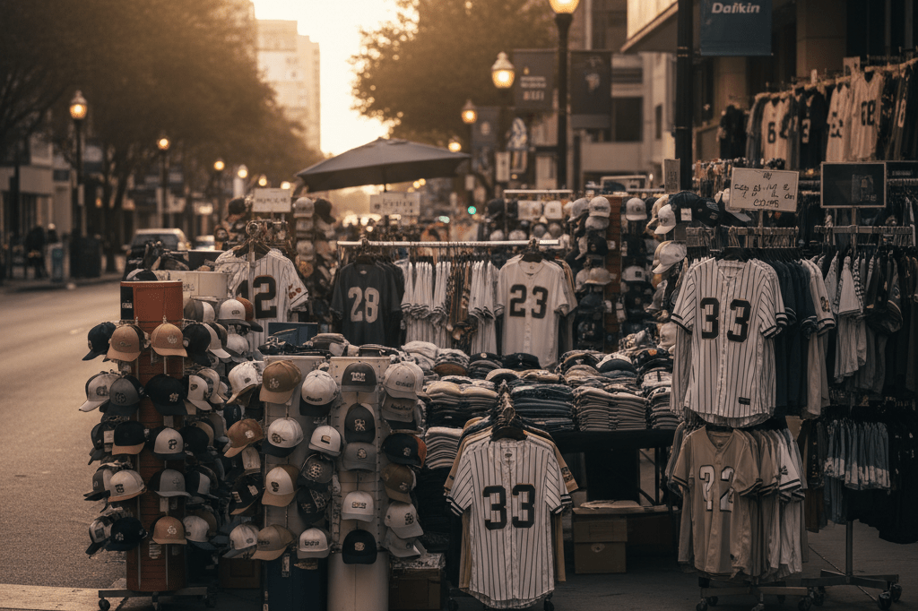 Busy street corner with generic baseball caps and jerseys under warm light, showing retail surge