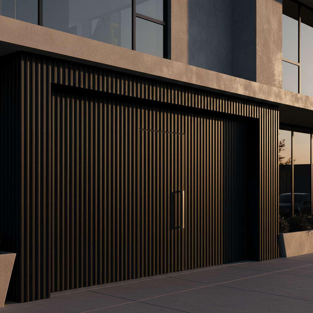 Matte black corrugated steel garage door with aligned pedestrian door.