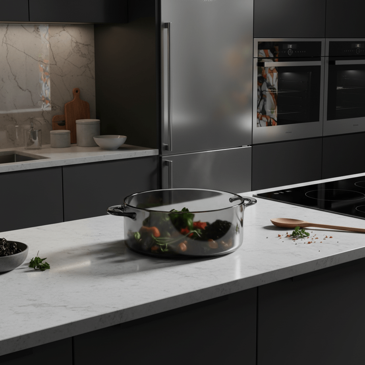 Smoked glass cooking pot on a metallic quartz countertop with cinematic lighting.