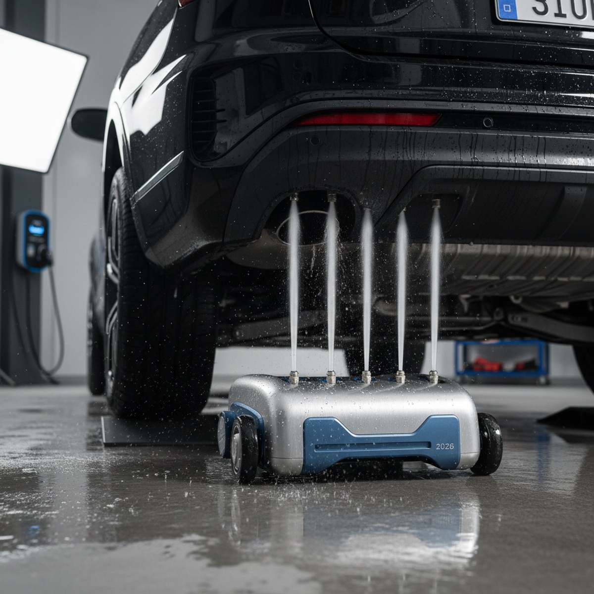 Futuristic pressure washer cleaning car undercarriage with powerful water jets.