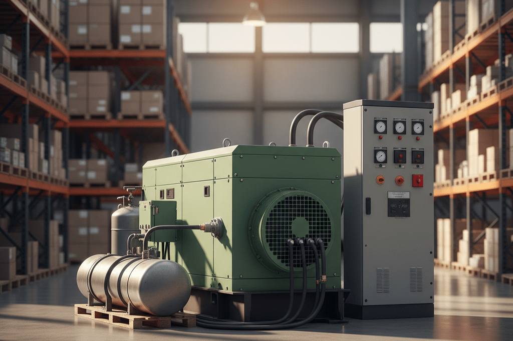 Wide shot of an industrial generator in a warehouse setting under ambient light, symbolizing emergency power solutions for businesses