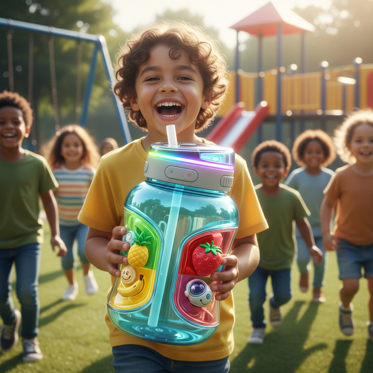 Children enjoy a futuristic water bottle with flavor pods on a sunny playground.
