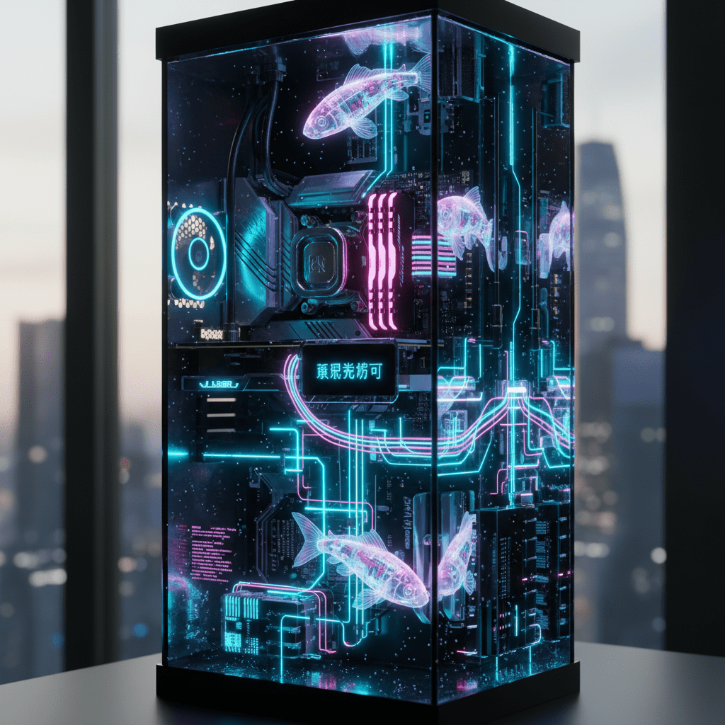 Futuristic cyberpunk fish tank with glowing fluid and robotic koi.