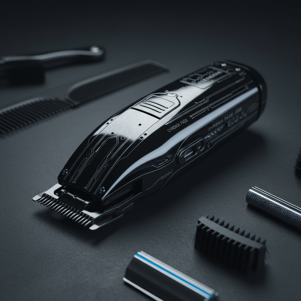 Macro view of futuristic jet-black fade clippers with glossy DLC blades.