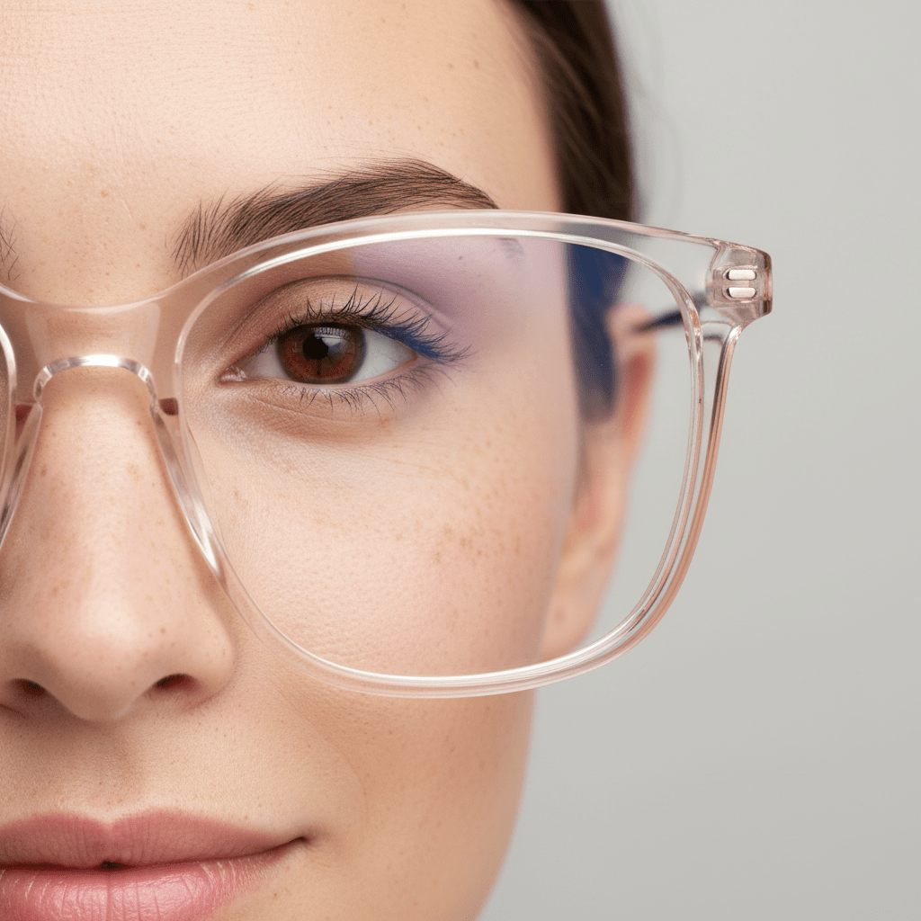 Close-up of crystal clear translucent eyewear with no-line bifocal lenses and blush tint.
