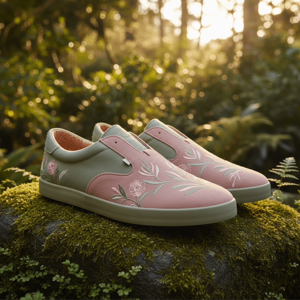 Minimalist floral embroidered sneakers in muted hues on mossy stone.