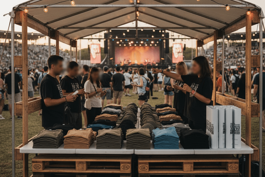Wide shot of a merchandise booth with generic apparel items under soft evening lighting, highlighting event retail operations