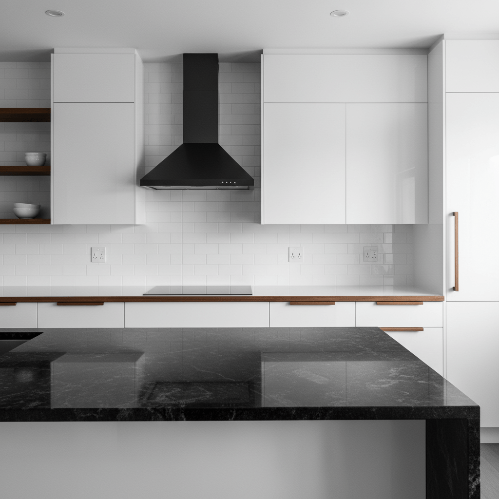 Contemporary kitchen showcases matte black granite island against high-gloss white cabinets.