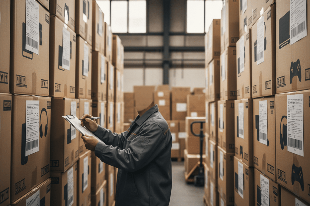 Warehouse aisle with stacked gaming boxes and clipboard under mixed natural and artificial light
