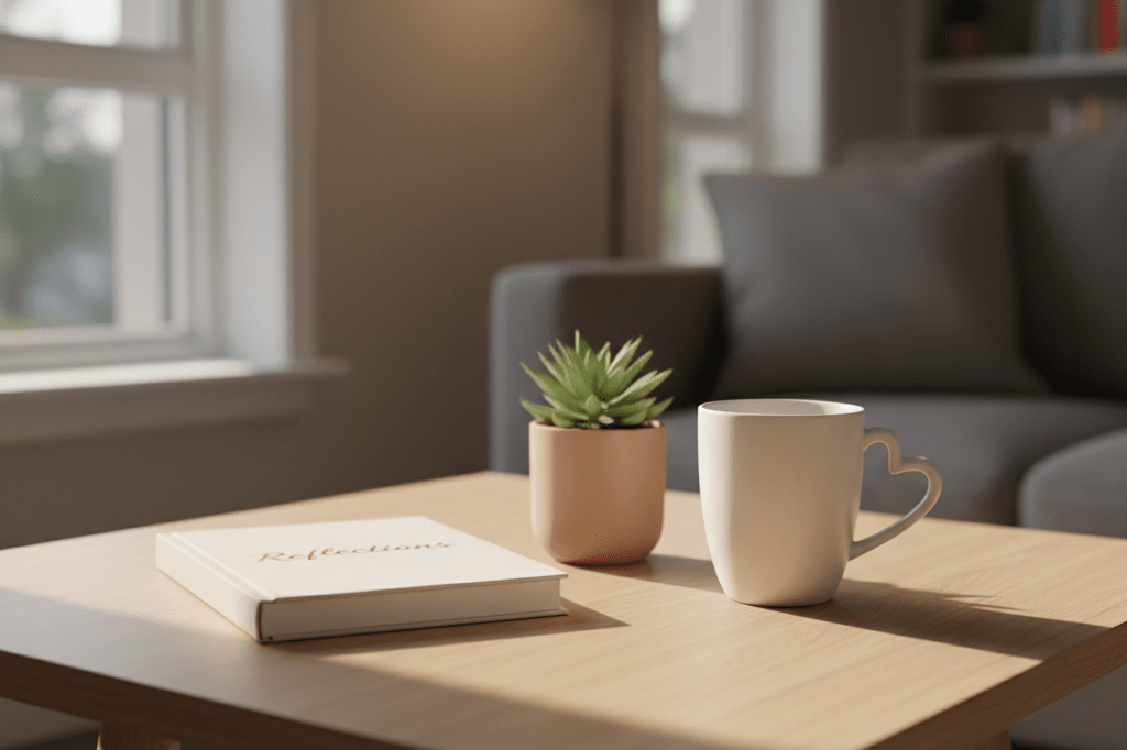 Medium shot of journal, ceramic mug, and potted succulent on a coffee table in natural light