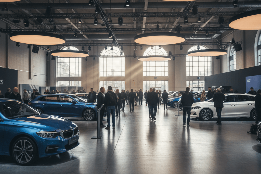 Wide-angle view of a vibrant auto show featuring sleek cars and attendees exploring exhibits under natural and ambient lighting