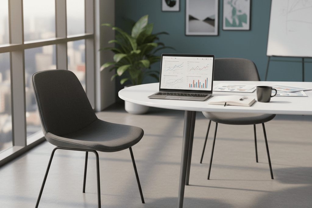 Wide shot of a meeting table with one vacant chair under natural light, symbolizing business partnership shifts