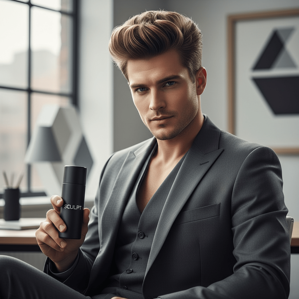 Male model with textured quiff hairstyle holding hair mousse in a modern office.